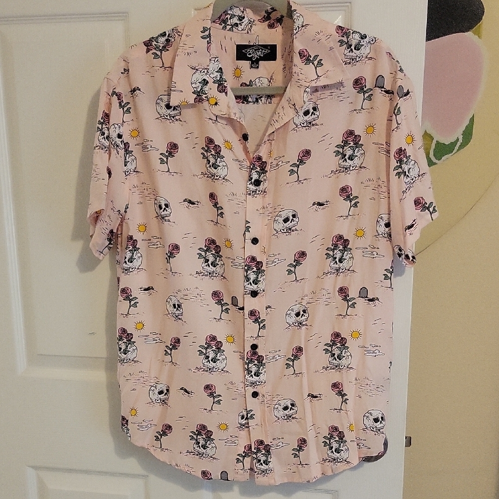 Eighty Eight Pink Skull and Rose Casual long sleeve button down Shirt szLG